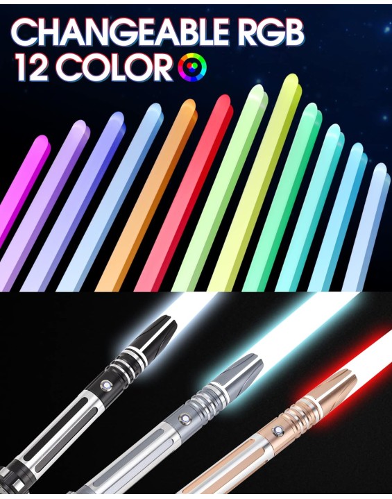 Dueling Light Saber, Motion Control Lightsabers for Adults,Smooth Swing Light Saber with 10 Sound Fonts,RGB 12 Colors Changeable, Metal Hilt for Halloween Cosplay Party, Black,S9